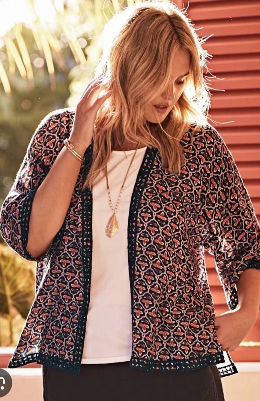 J.Jill Linen Blend Kimono Jacket Size S-L Boho Cardigan 3/4 Sleeves Lightweight